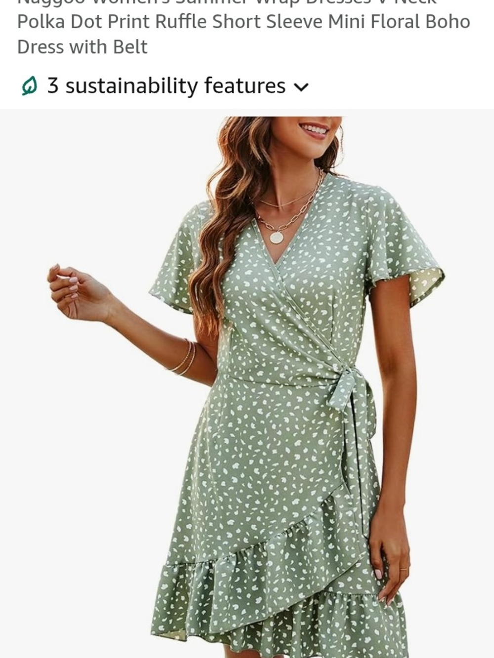 Women’s Sage Green With Print Wrap Dress - Picture 2 of 8